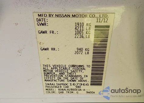 2013 Nissan Altima 2.5 S from USA, damaged, VIN 1N4AL3AP6DC167966